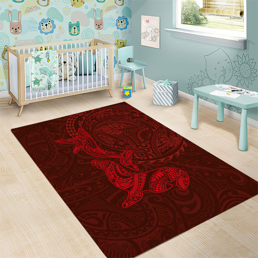 Hawaiian Monk Seal and Whale Area Rug Kakau Tribal Pattern Red Color