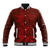 Hawaiian Monk Seal and Whale Baseball Jacket Kakau Tribal Pattern Red Color