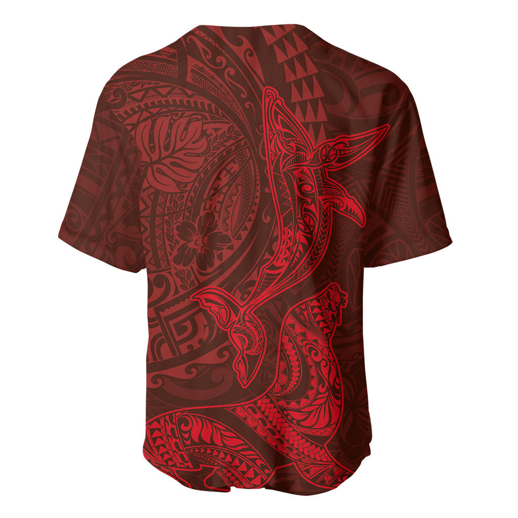 Hawaiian Monk Seal and Whale Baseball Jersey Kakau Tribal Pattern Red Color