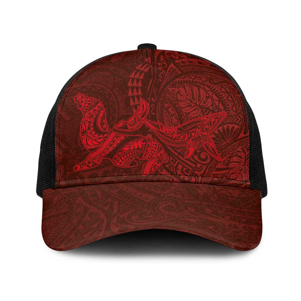Hawaiian Monk Seal and Whale Baseball Net Cap Kakau Tribal Pattern Red Color
