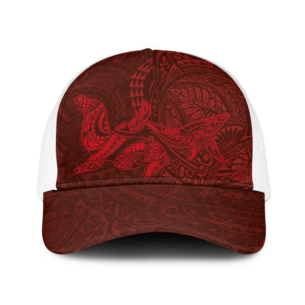 Hawaiian Monk Seal and Whale Baseball Net Cap Kakau Tribal Pattern Red Color