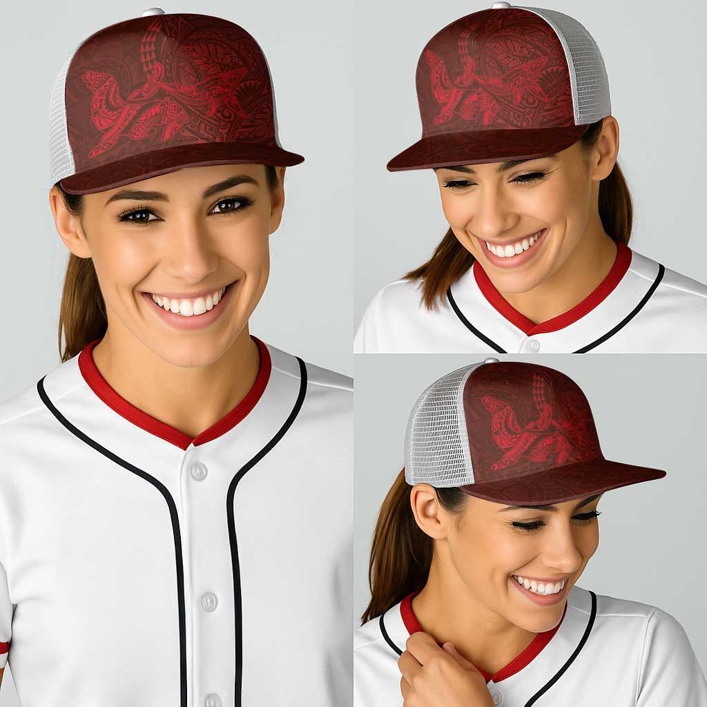 Hawaiian Monk Seal and Whale Baseball Net Cap Kakau Tribal Pattern Red Color
