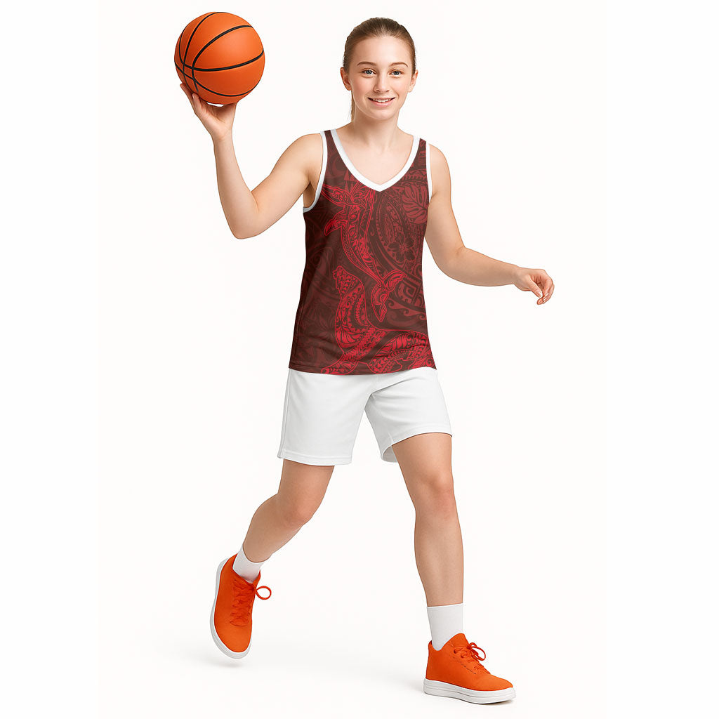 Hawaiian Monk Seal and Whale Basketball Jersey Kakau Tribal Pattern Red Color