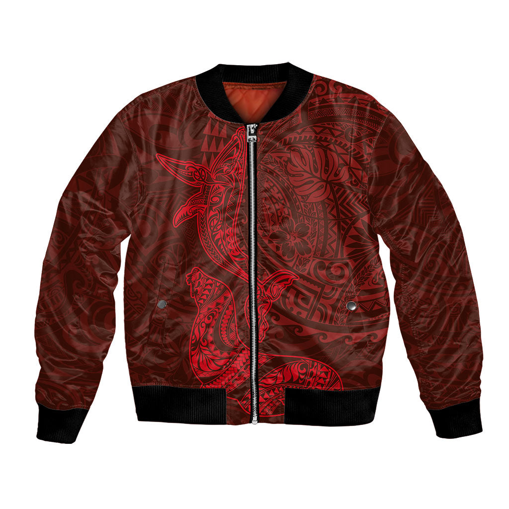 Hawaiian Monk Seal and Whale Bomber Jacket Kakau Tribal Pattern Red Color