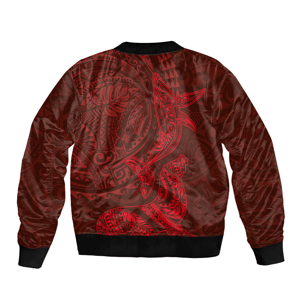 Hawaiian Monk Seal and Whale Bomber Jacket Kakau Tribal Pattern Red Color