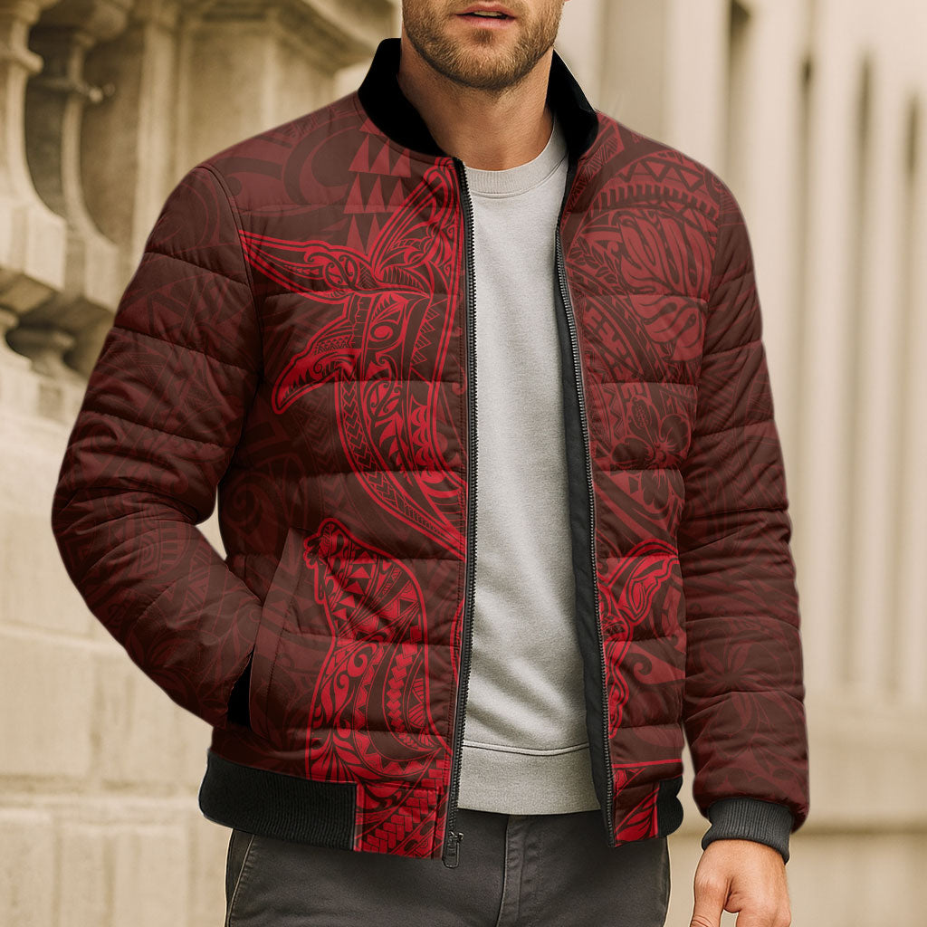 Hawaiian Monk Seal and Whale Bomber Puffer Jacket Kakau Tribal Pattern Red Color