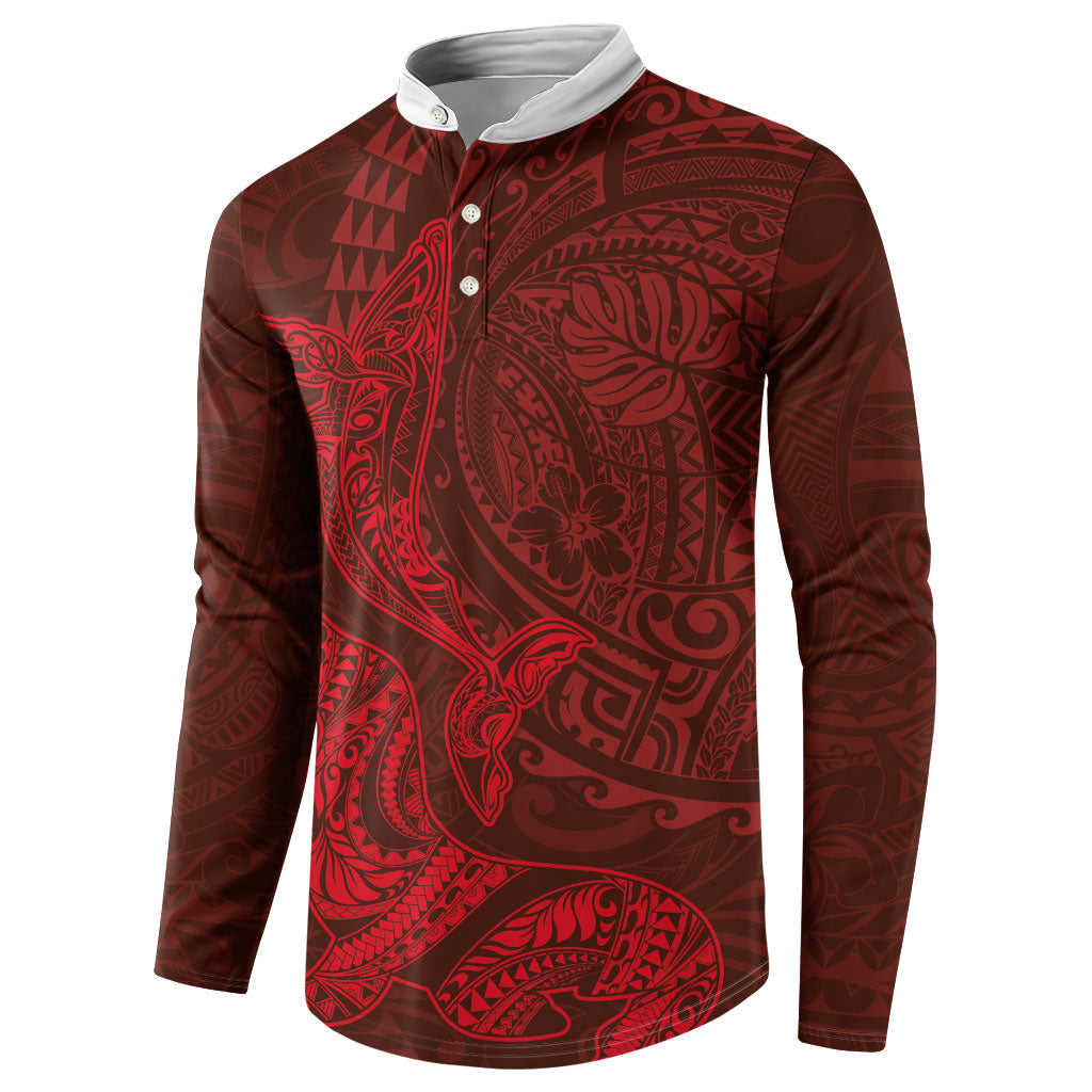 Hawaiian Monk Seal and Whale Button Sweatshirt Kakau Tribal Pattern Red Color