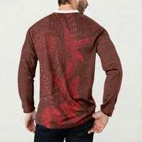 Hawaiian Monk Seal and Whale Button Sweatshirt Kakau Tribal Pattern Red Color