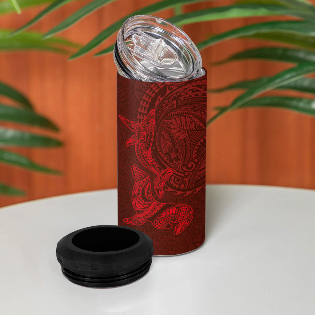 Hawaiian Monk Seal and Whale 4 in 1 Can Cooler Tumbler Kakau Tribal Pattern Red Color