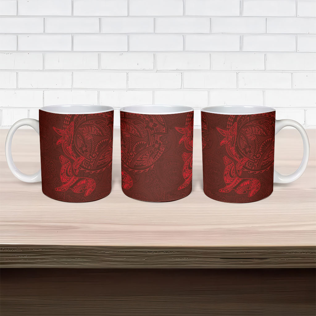 Hawaiian Monk Seal and Whale Ceramic Mug Kakau Tribal Pattern Red Color