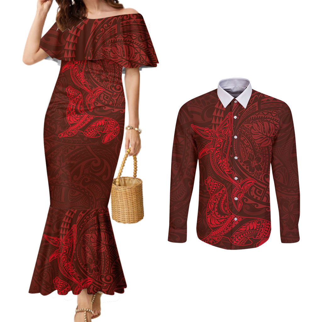 Hawaiian Monk Seal and Whale Couples Matching Mermaid Dress and Long Sleeve Button Shirt Kakau Tribal Pattern Red Color