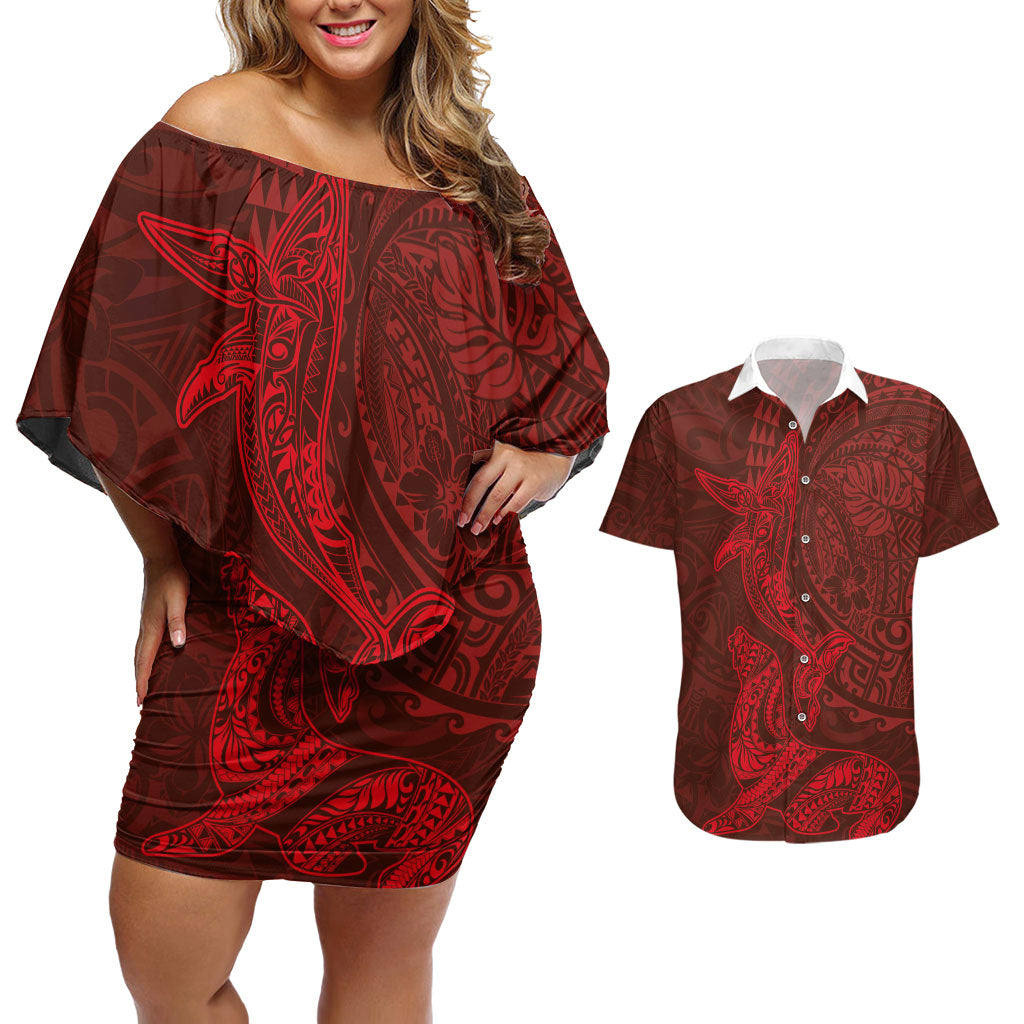 Hawaiian Monk Seal and Whale Couples Matching Off Shoulder Short Dress and Hawaiian Shirt Kakau Tribal Pattern Red Color