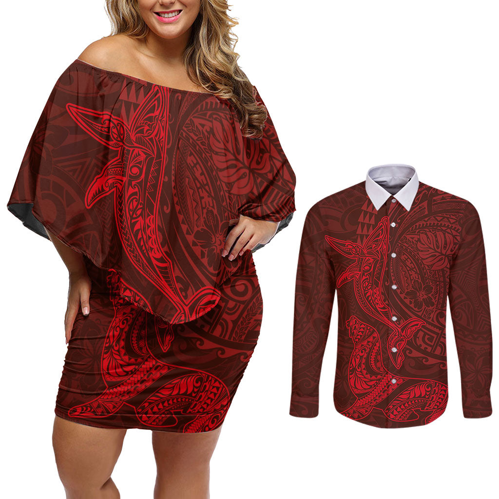 Hawaiian Monk Seal and Whale Couples Matching Off Shoulder Short Dress and Long Sleeve Button Shirt Kakau Tribal Pattern Red Color