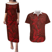 Hawaiian Monk Seal and Whale Couples Matching Puletasi and Hawaiian Shirt Kakau Tribal Pattern Red Color