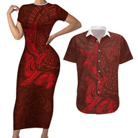 Hawaiian Monk Seal and Whale Couples Matching Short Sleeve Bodycon Dress and Hawaiian Shirt Kakau Tribal Pattern Red Color LT03 Red - Polynesian Pride