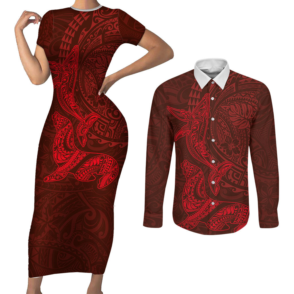 Hawaiian Monk Seal and Whale Couples Matching Short Sleeve Bodycon Dress and Long Sleeve Button Shirt Kakau Tribal Pattern Red Color