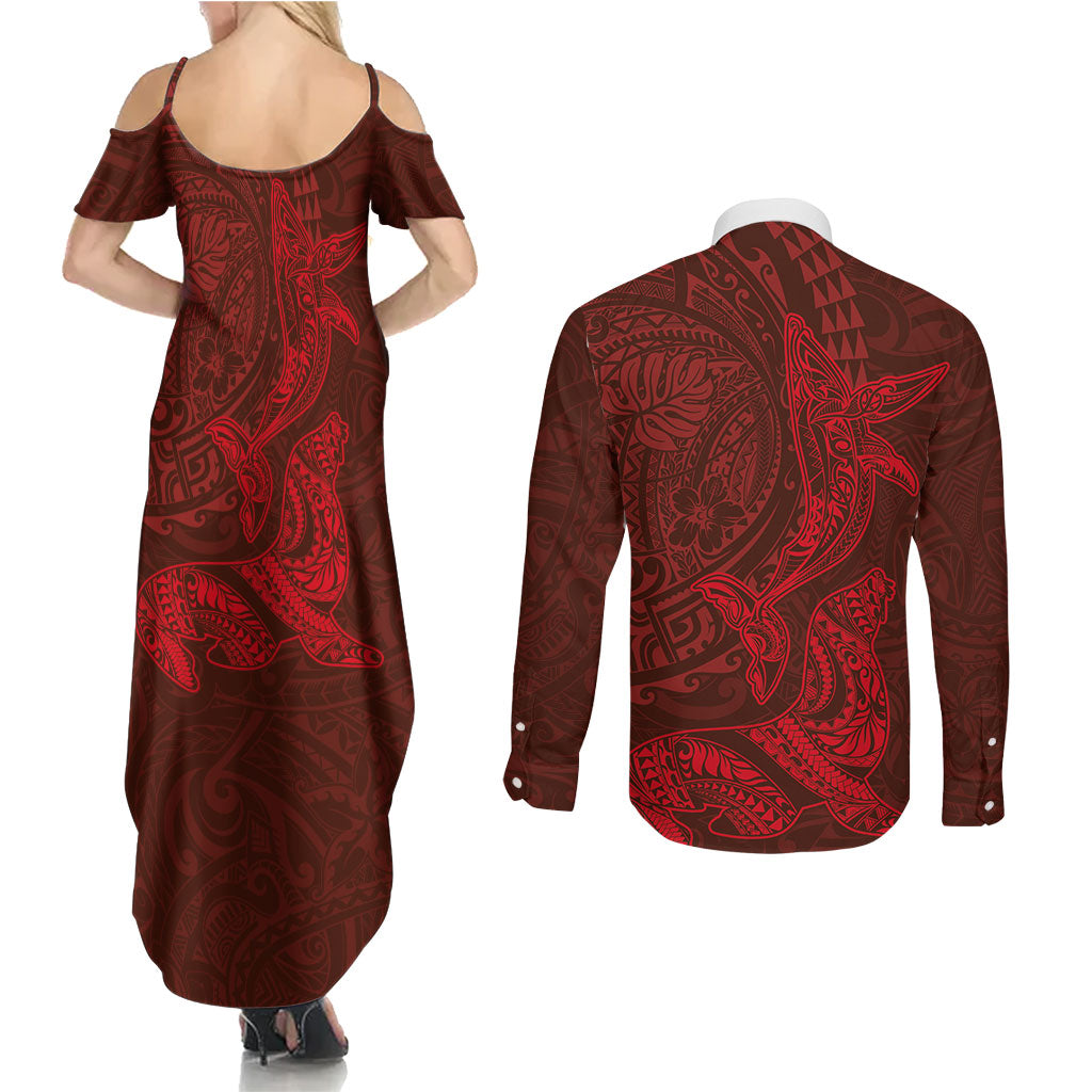 Hawaiian Monk Seal and Whale Couples Matching Summer Maxi Dress and Long Sleeve Button Shirt Kakau Tribal Pattern Red Color