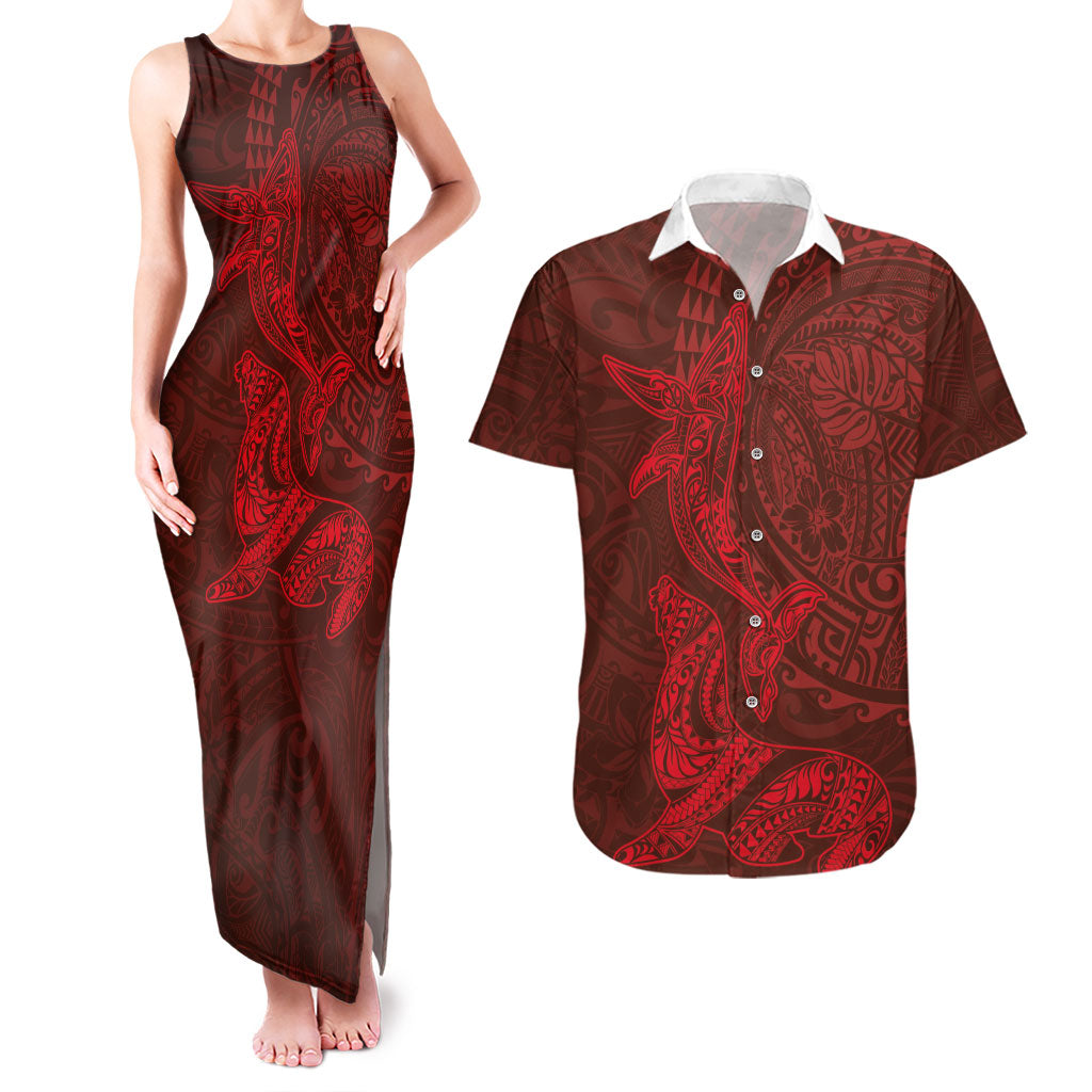 Hawaiian Monk Seal and Whale Couples Matching Tank Maxi Dress and Hawaiian Shirt Kakau Tribal Pattern Red Color