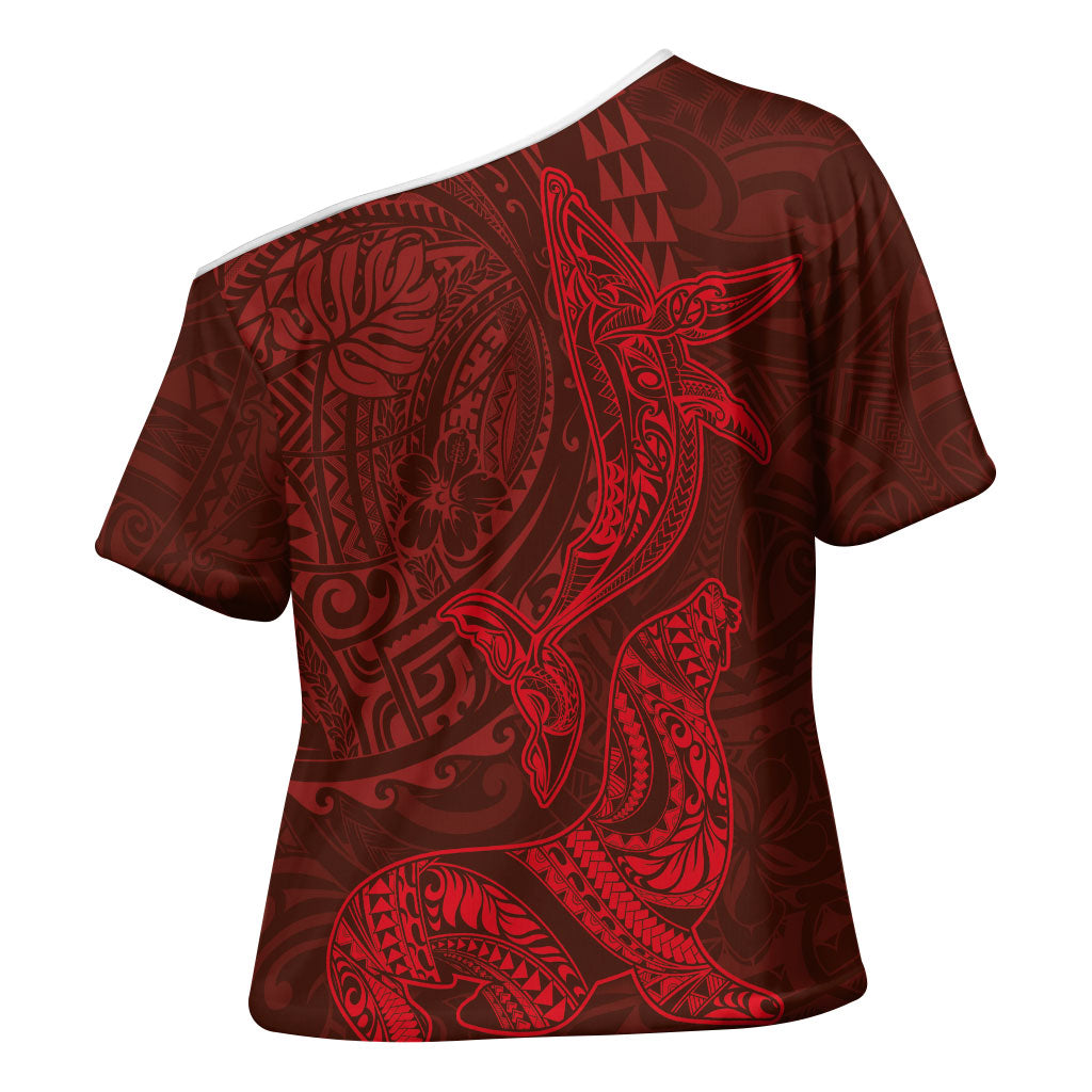 Hawaiian Monk Seal and Whale Cross Shoulder Shirt Kakau Tribal Pattern Red Color