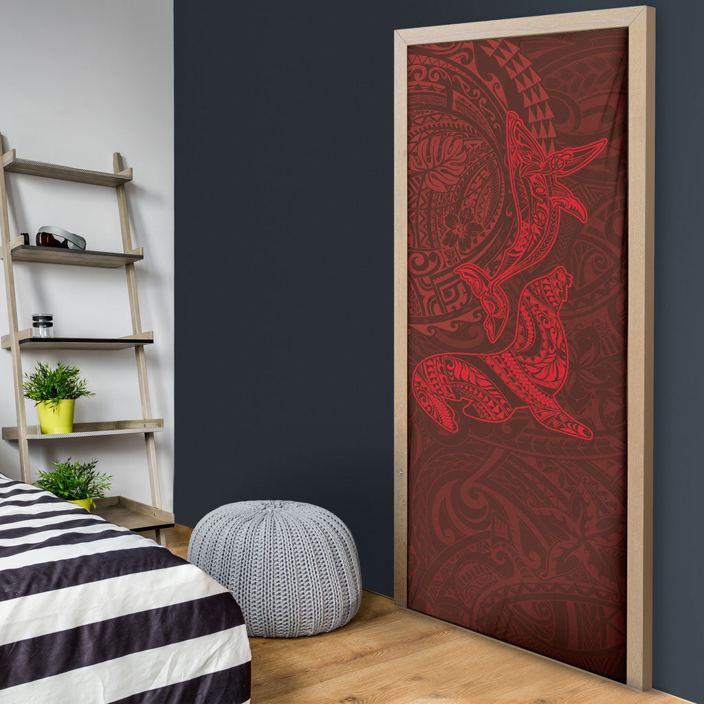 Hawaiian Monk Seal and Whale Door Cover Kakau Tribal Pattern Red Color
