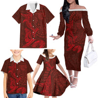 Hawaiian Monk Seal and Whale Family Matching Off The Shoulder Long Sleeve Dress and Hawaiian Shirt Kakau Tribal Pattern Red Color LT03 - Polynesian Pride