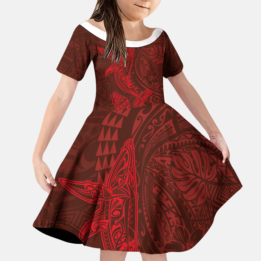 Hawaiian Monk Seal and Whale Family Matching Off Shoulder Maxi Dress and Hawaiian Shirt Kakau Tribal Pattern Red Color LT03 Daughter's Dress Red - Polynesian Pride