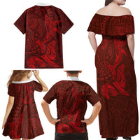 Hawaiian Monk Seal and Whale Family Matching Off Shoulder Maxi Dress and Hawaiian Shirt Kakau Tribal Pattern Red Color LT03 - Polynesian Pride