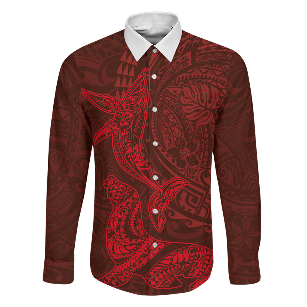 Hawaiian Monk Seal and Whale Family Matching Off Shoulder Maxi Dress and Hawaiian Shirt Kakau Tribal Pattern Red Color LT03 Dad's Shirt - Long Sleeve Red - Polynesian Pride