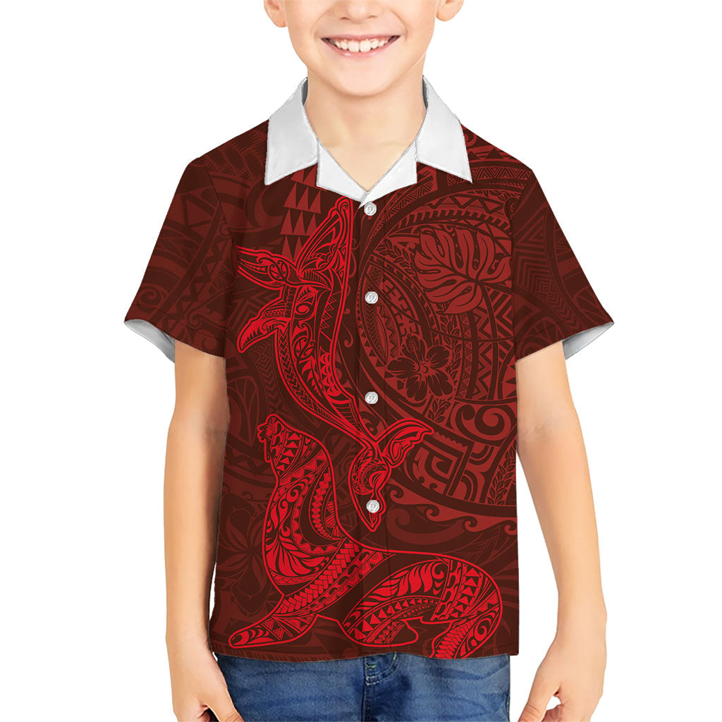 Hawaiian Monk Seal and Whale Family Matching Off Shoulder Maxi Dress and Hawaiian Shirt Kakau Tribal Pattern Red Color LT03 Son's Shirt Red - Polynesian Pride