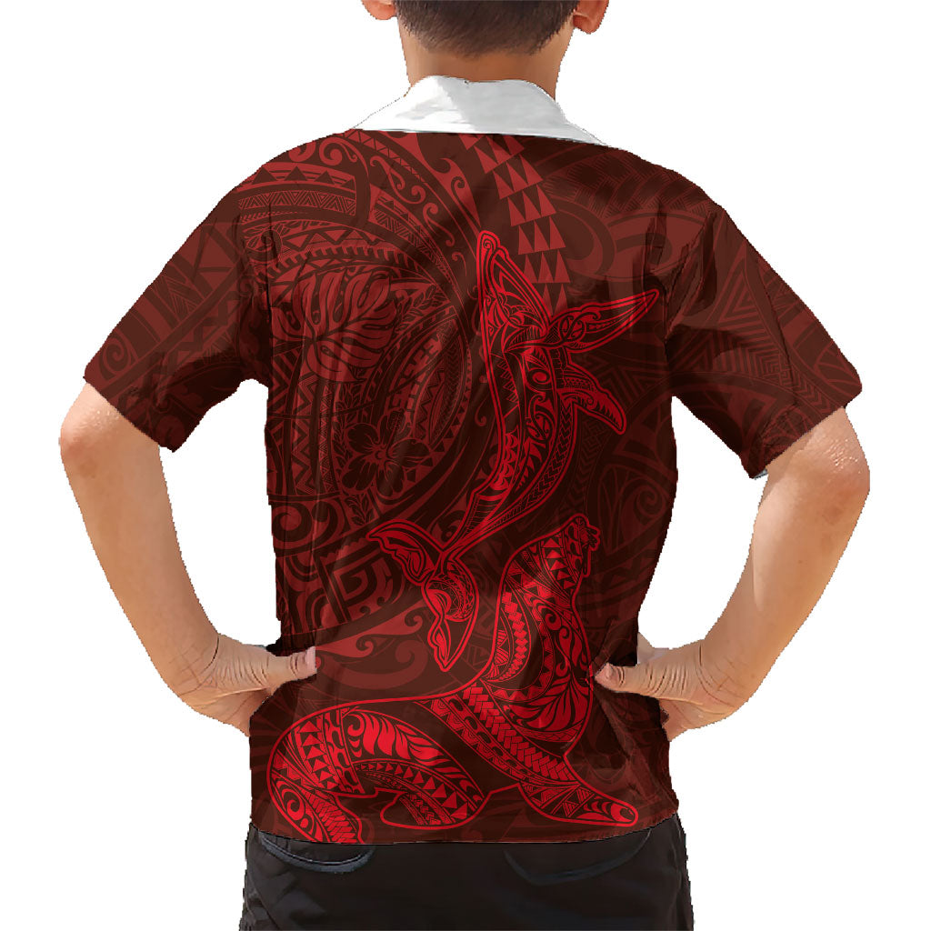 Hawaiian Monk Seal and Whale Family Matching Off Shoulder Short Dress and Hawaiian Shirt Kakau Tribal Pattern Red Color LT03 - Polynesian Pride
