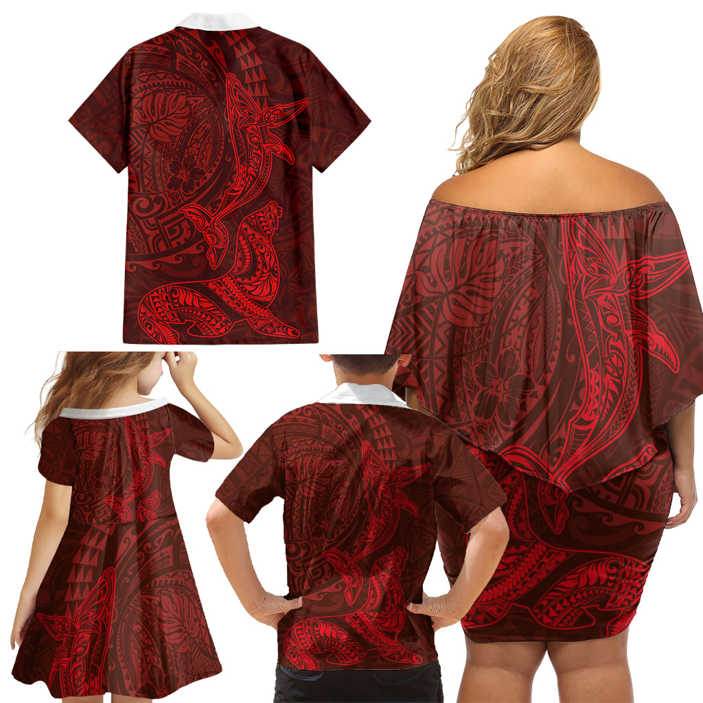 Hawaiian Monk Seal and Whale Family Matching Off Shoulder Short Dress and Hawaiian Shirt Kakau Tribal Pattern Red Color LT03 - Polynesian Pride