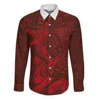Hawaiian Monk Seal and Whale Family Matching Off Shoulder Short Dress and Hawaiian Shirt Kakau Tribal Pattern Red Color LT03 Dad's Shirt - Long Sleeve Red - Polynesian Pride