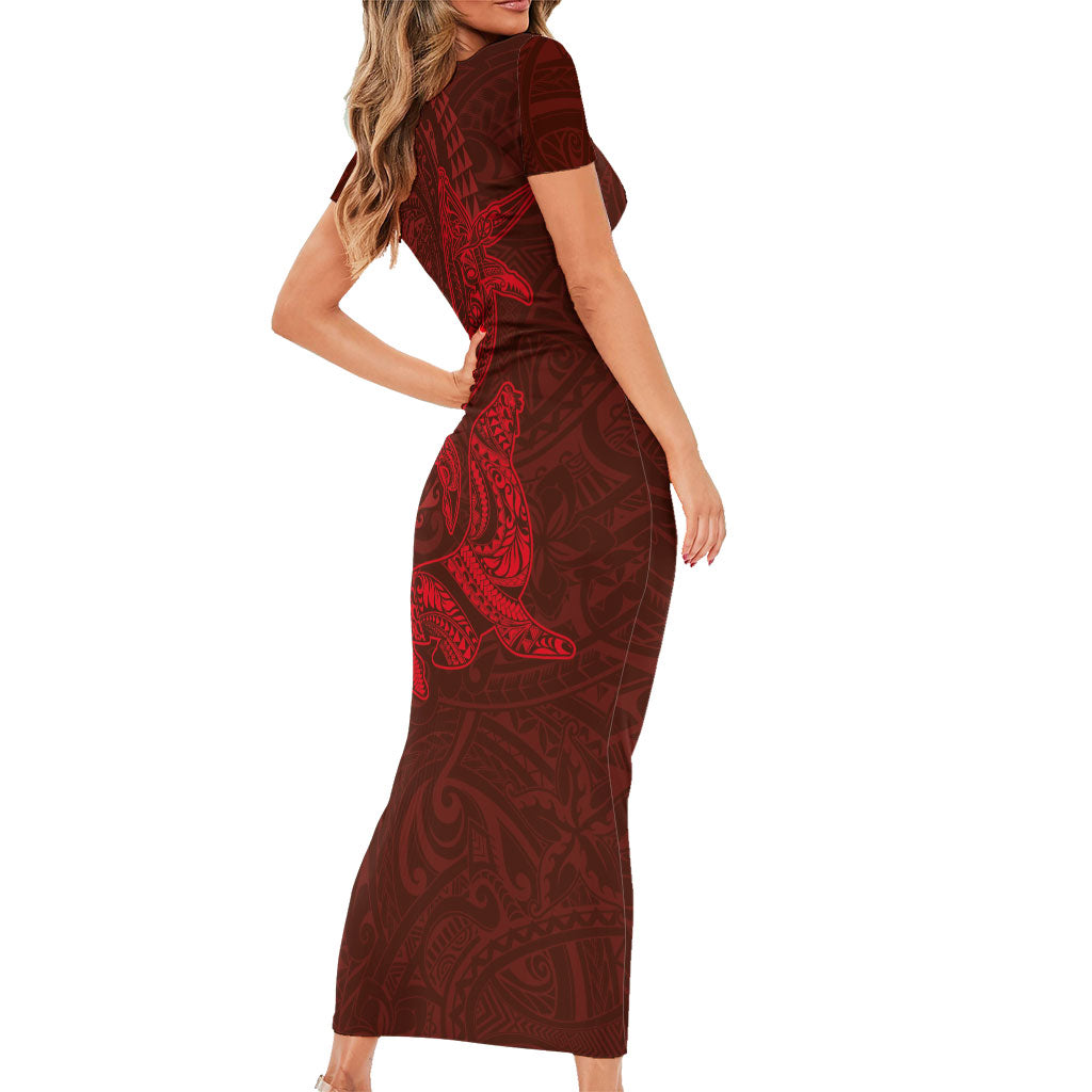 Hawaiian Monk Seal and Whale Family Matching Short Sleeve Bodycon Dress and Hawaiian Shirt Kakau Tribal Pattern Red Color LT03 - Polynesian Pride