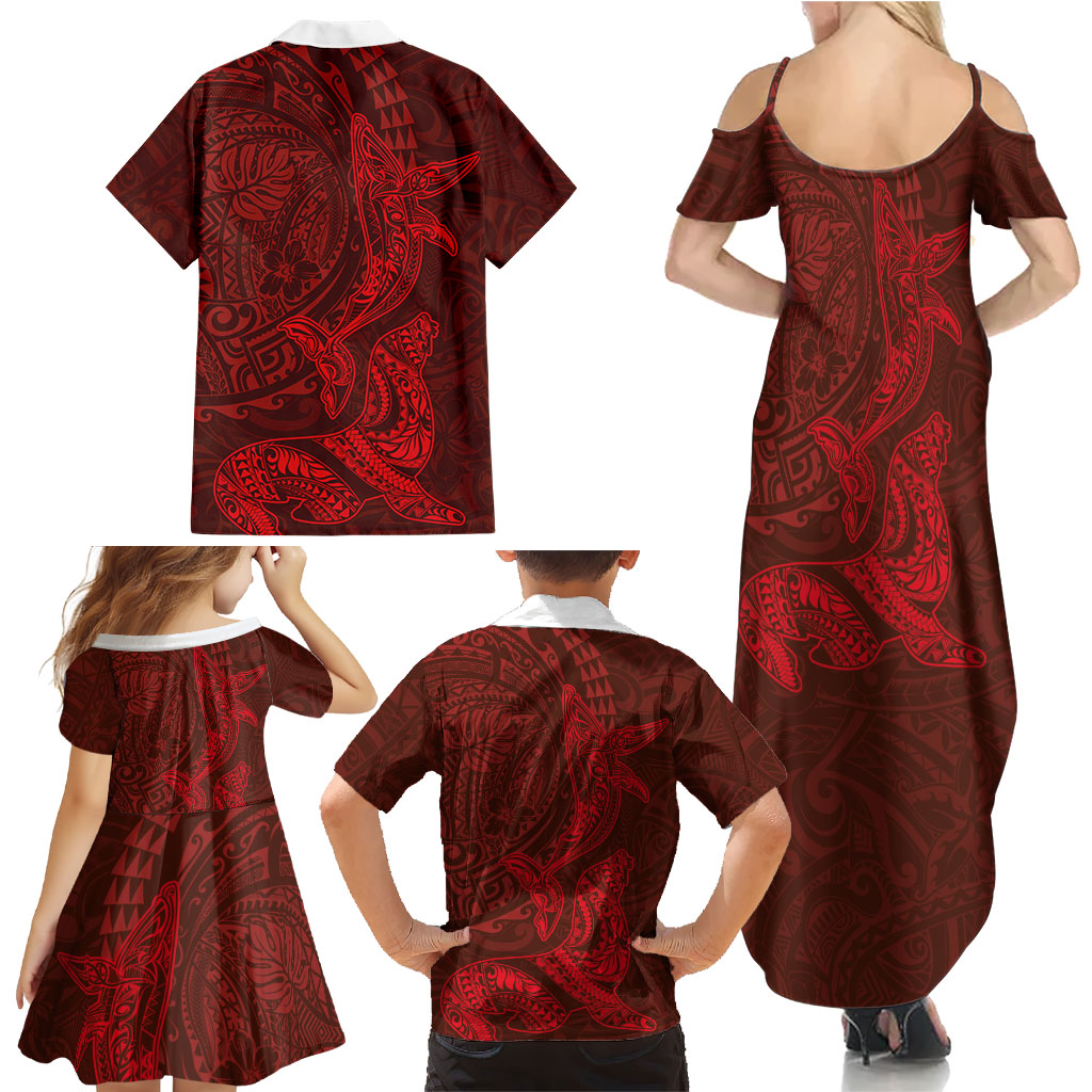 Hawaiian Monk Seal and Whale Family Matching Summer Maxi Dress and Hawaiian Shirt Kakau Tribal Pattern Red Color LT03 - Polynesian Pride