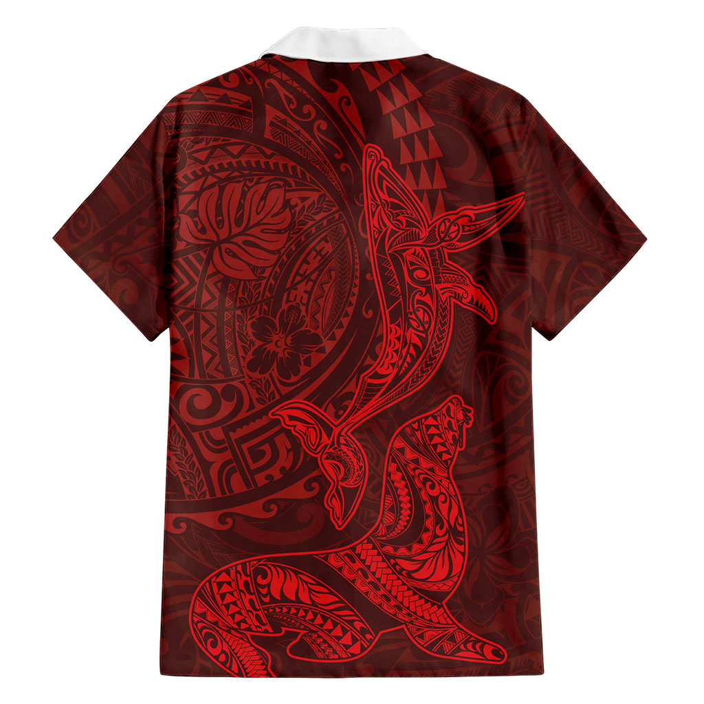 Hawaiian Monk Seal and Whale Family Matching Summer Maxi Dress and Hawaiian Shirt Kakau Tribal Pattern Red Color LT03 - Polynesian Pride