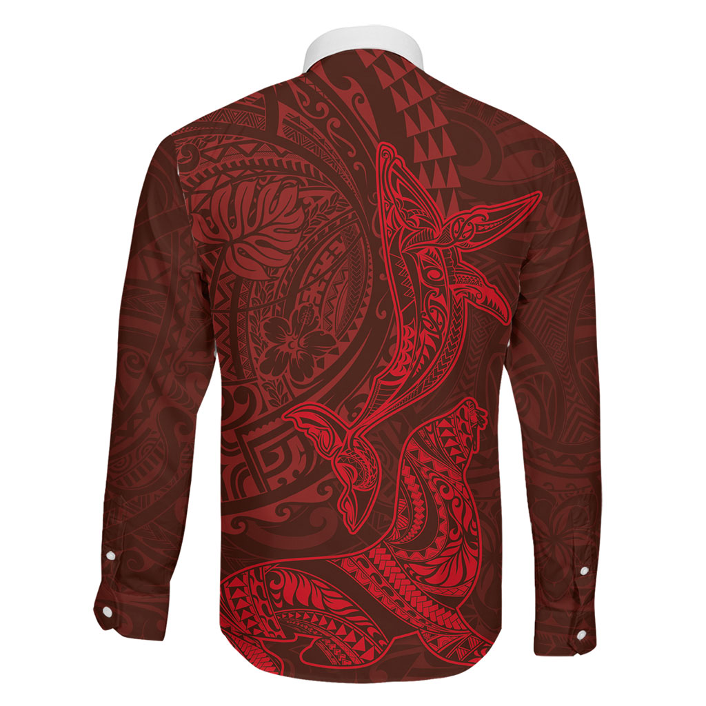 Hawaiian Monk Seal and Whale Family Matching Tank Maxi Dress and Hawaiian Shirt Kakau Tribal Pattern Red Color LT03 - Polynesian Pride