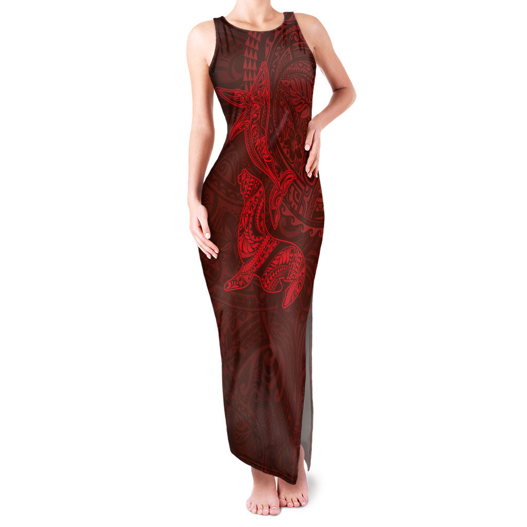 Hawaiian Monk Seal and Whale Family Matching Tank Maxi Dress and Hawaiian Shirt Kakau Tribal Pattern Red Color LT03 Mom's Dress Red - Polynesian Pride