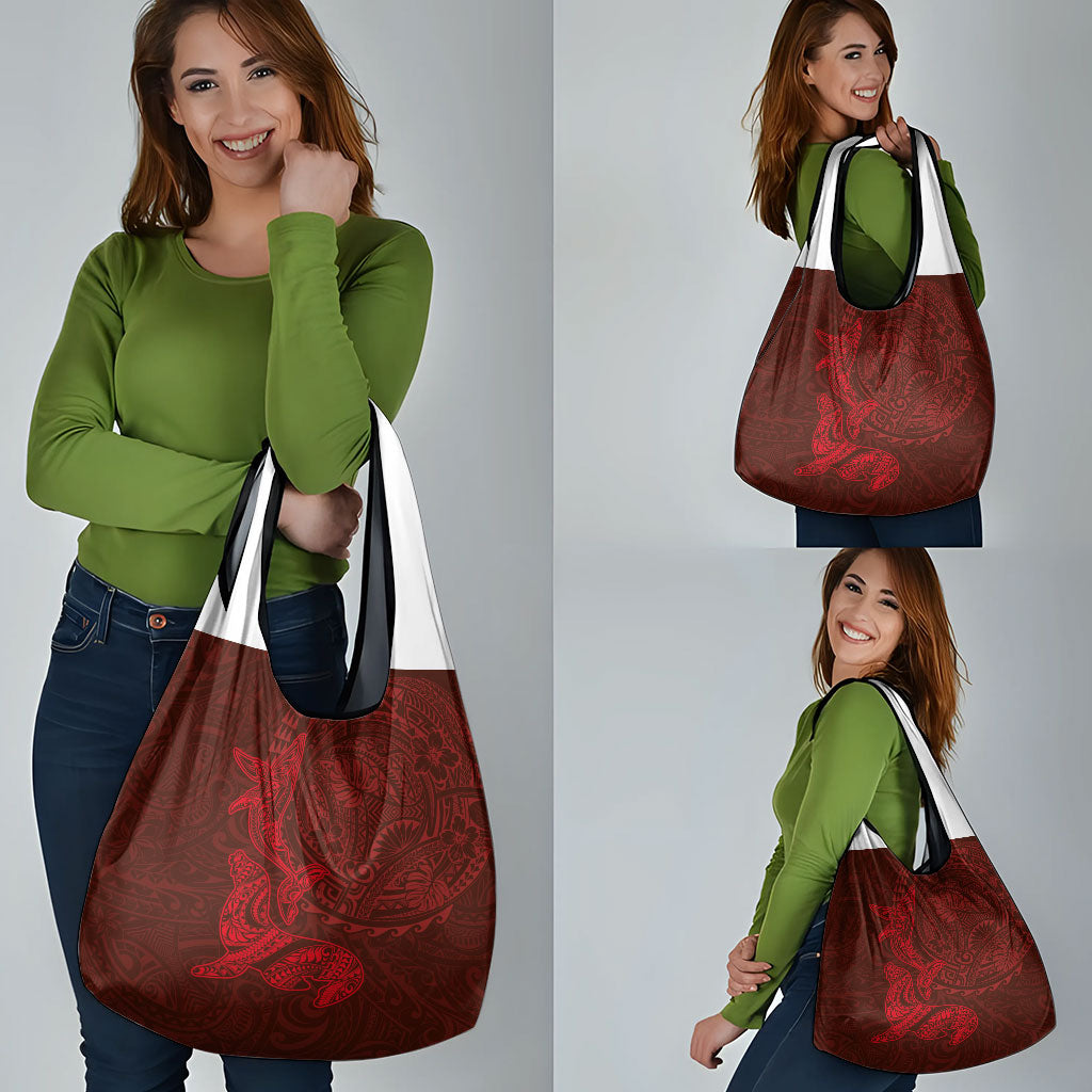 Hawaiian Monk Seal and Whale Grocery Bag Kakau Tribal Pattern Red Color
