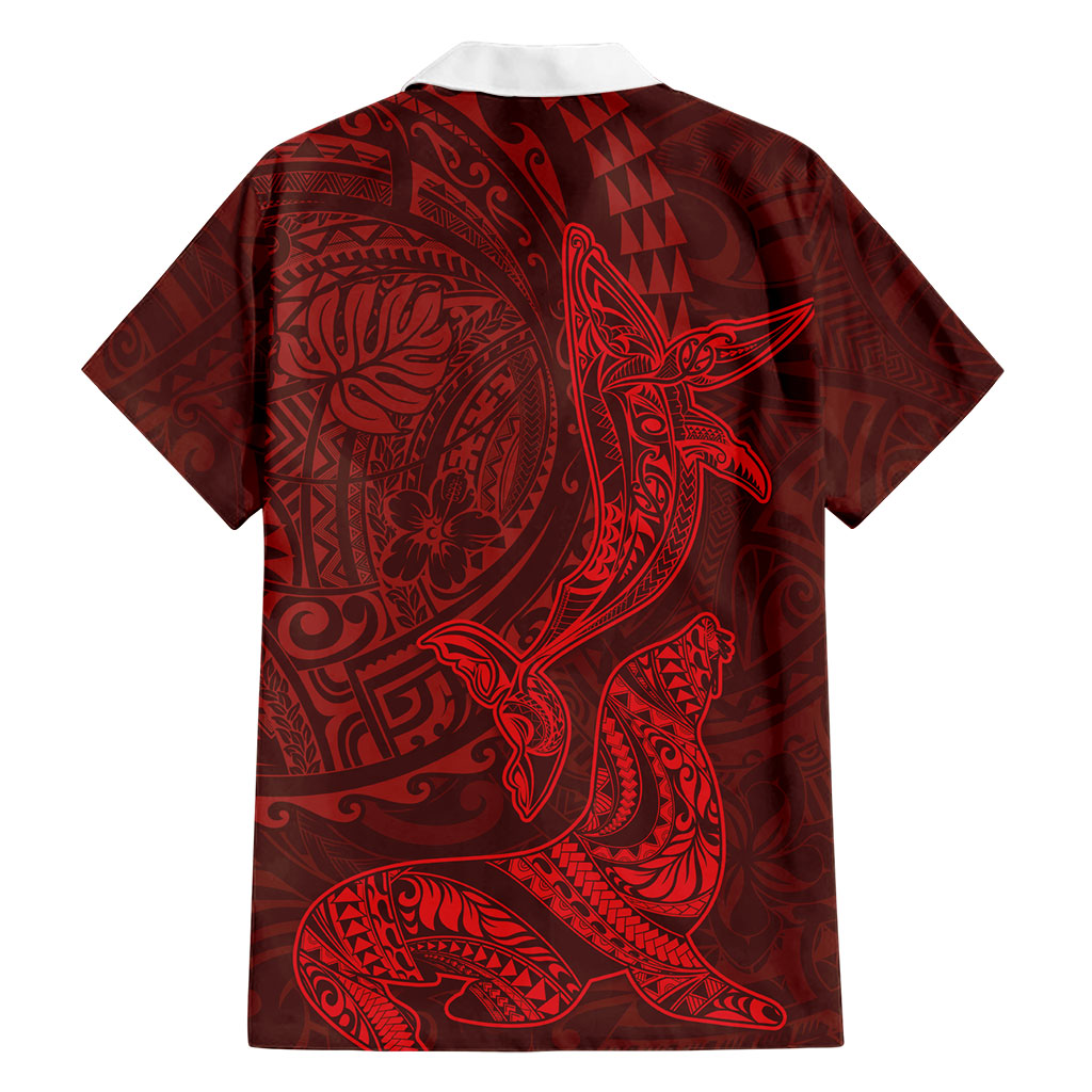 Hawaiian Monk Seal and Whale Hawaiian Shirt Kakau Tribal Pattern Red Color