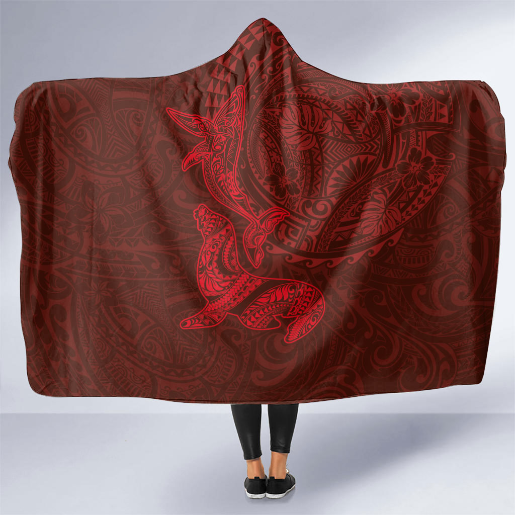 Hawaiian Monk Seal and Whale Hooded Blanket Kakau Tribal Pattern Red Color