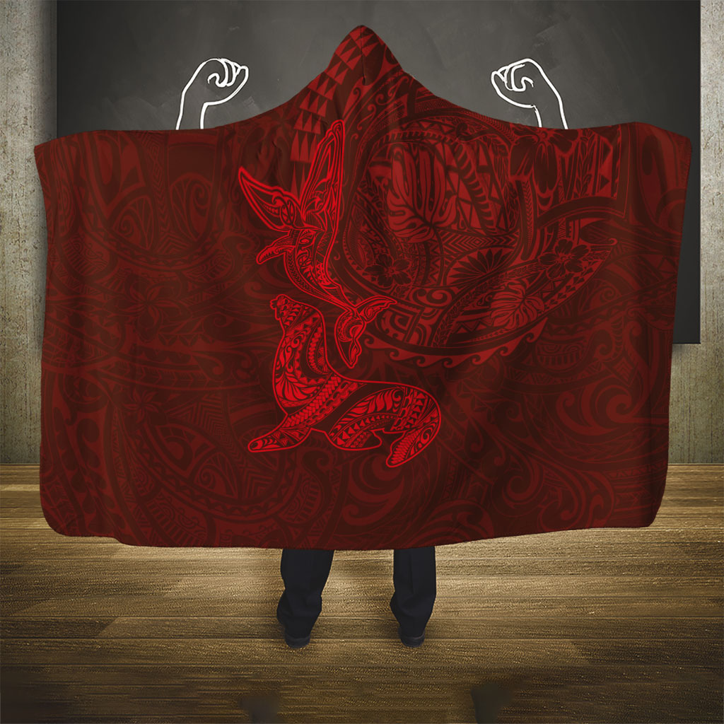 Hawaiian Monk Seal and Whale Hooded Blanket Kakau Tribal Pattern Red Color