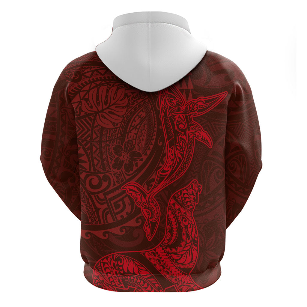 Hawaiian Monk Seal and Whale Hoodie Kakau Tribal Pattern Red Color