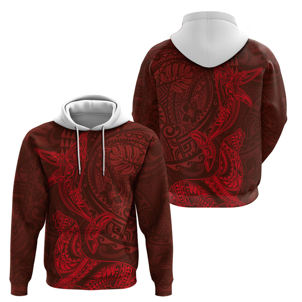 Hawaiian Monk Seal and Whale Hoodie Kakau Tribal Pattern Red Color