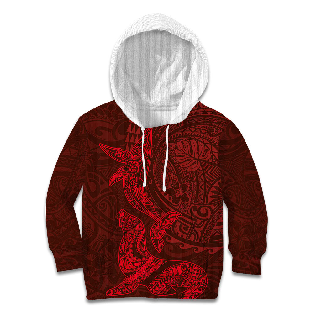 Hawaiian Monk Seal and Whale Kid Hoodie Kakau Tribal Pattern Red Color