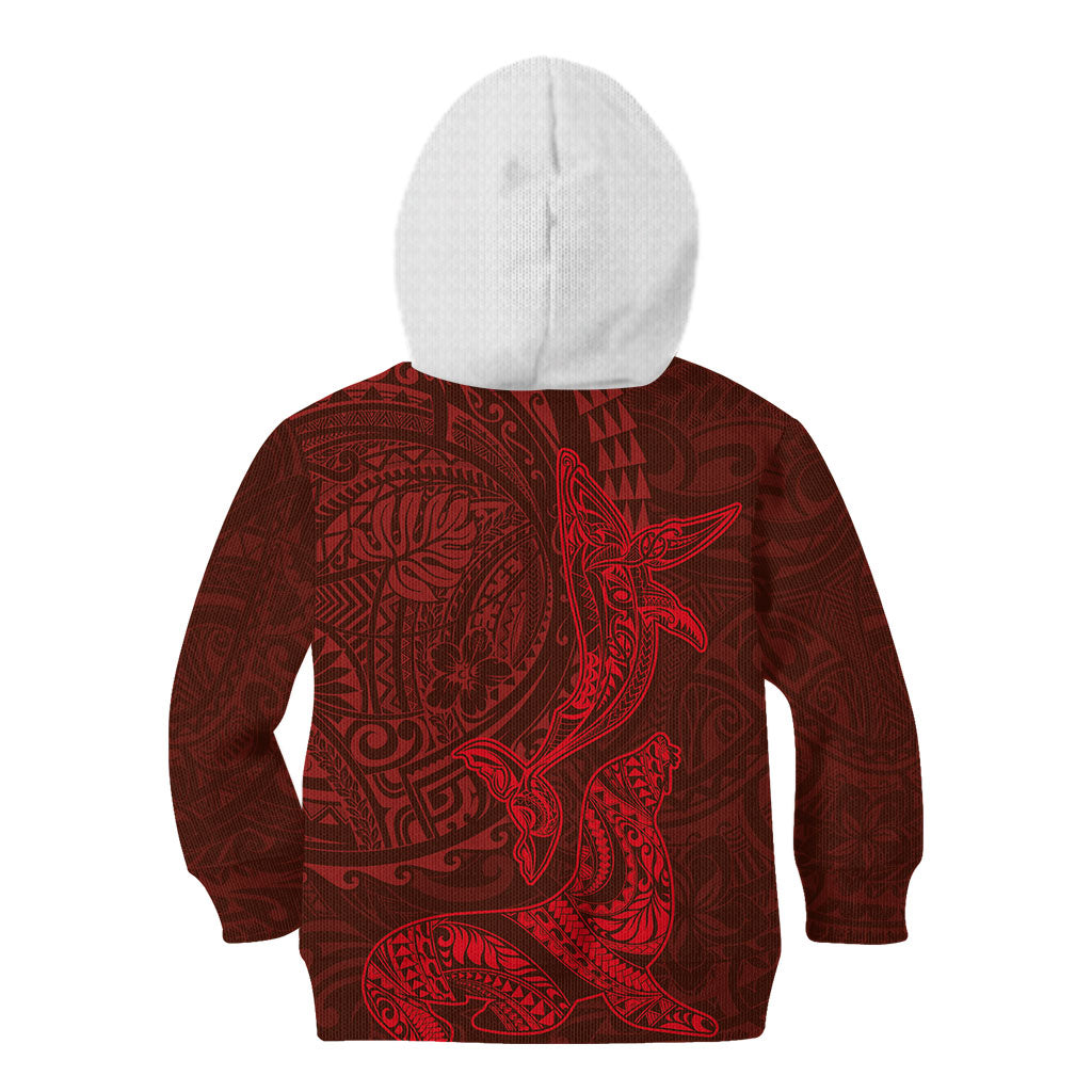 Hawaiian Monk Seal and Whale Kid Hoodie Kakau Tribal Pattern Red Color