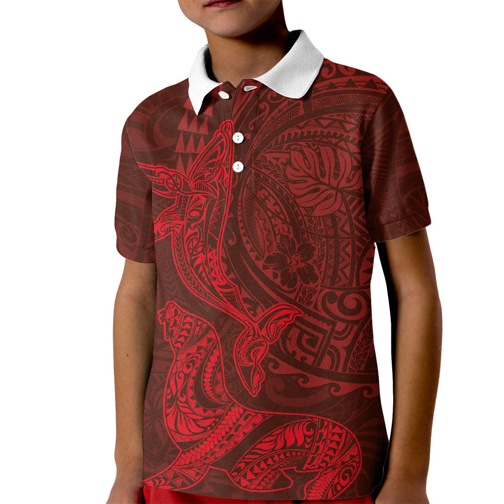 Hawaiian Monk Seal and Whale Kid Polo Shirt Kakau Tribal Pattern Red Color