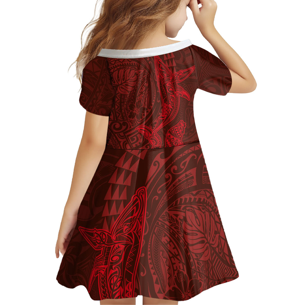 Hawaiian Monk Seal and Whale Kid Short Sleeve Dress Kakau Tribal Pattern Red Color