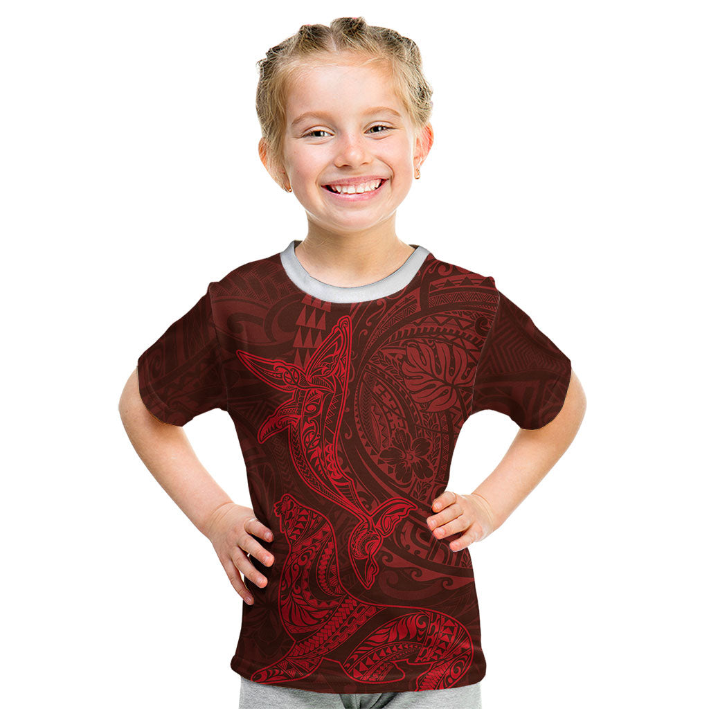 Hawaiian Monk Seal and Whale Kid T Shirt Kakau Tribal Pattern Red Color