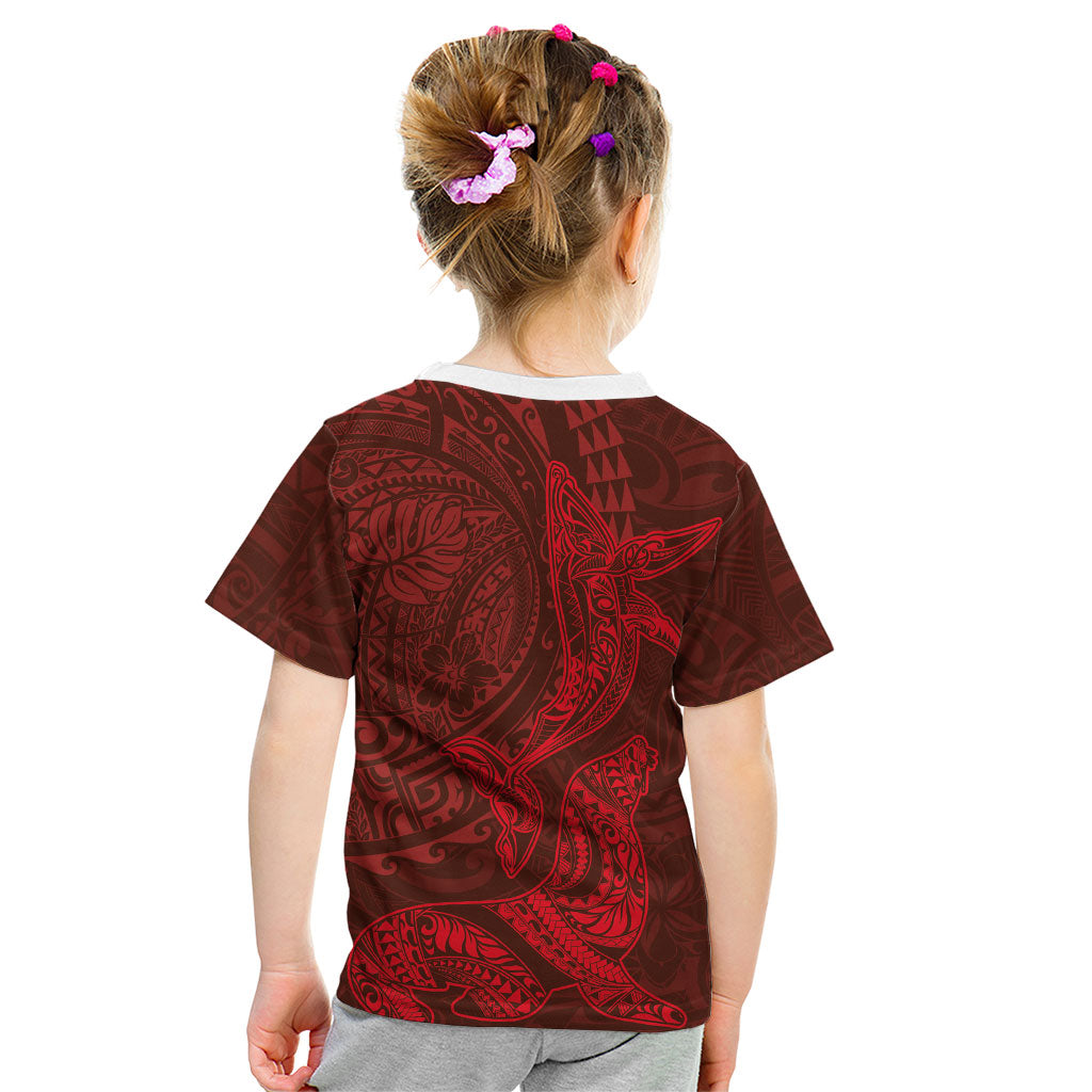 Hawaiian Monk Seal and Whale Kid T Shirt Kakau Tribal Pattern Red Color