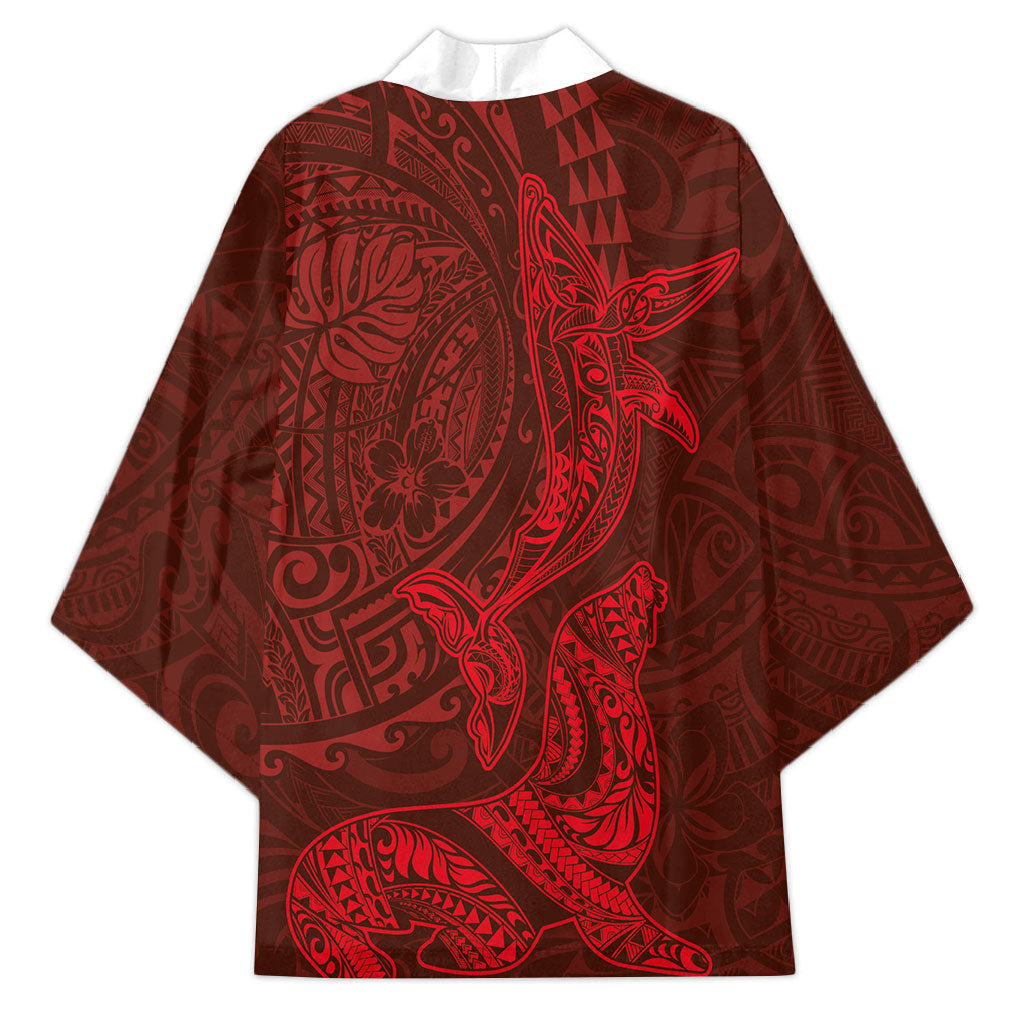 Hawaiian Monk Seal and Whale Kimono Kakau Tribal Pattern Red Color